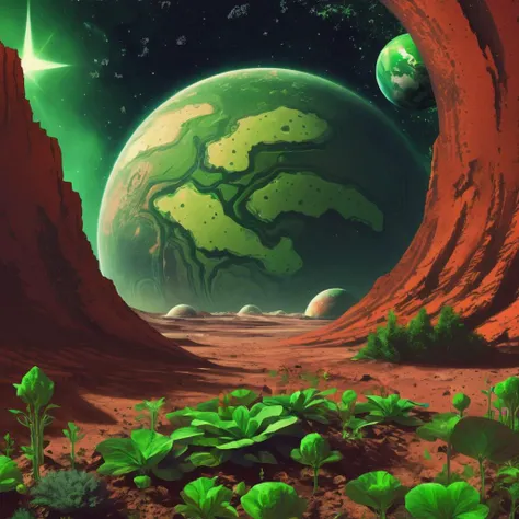 a close up of a green planet with a green star in the background