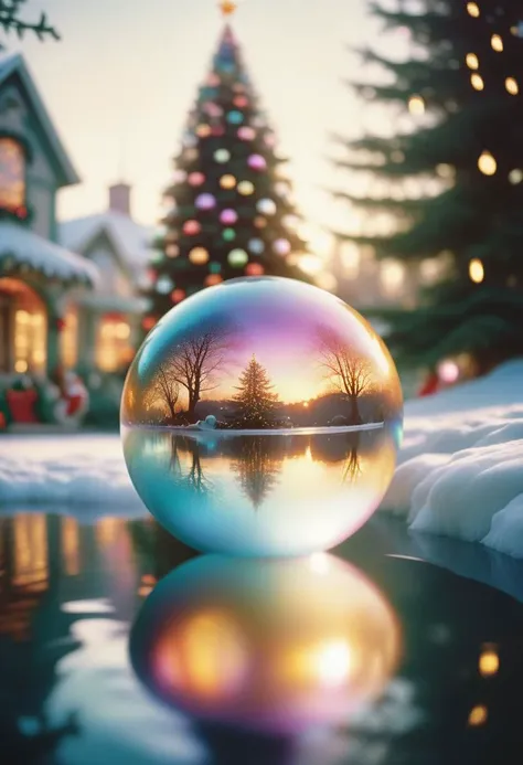 ultra detailed fantasy illustration, focal Christmas ball, mesmerizing details, iridescent skin, rich gradient of colors, captivating highlights, angled slightly from below, whimsical fantasy world, dreamlike quality, painterly and soft, floating above enc...