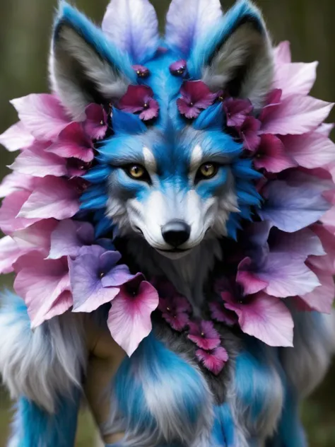 realistic photo of a humanoid wolf Vileplume hybrid, anthro creature