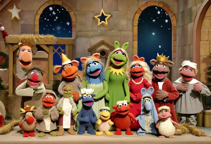 a close up of a group of puppets in front of a christmas scene