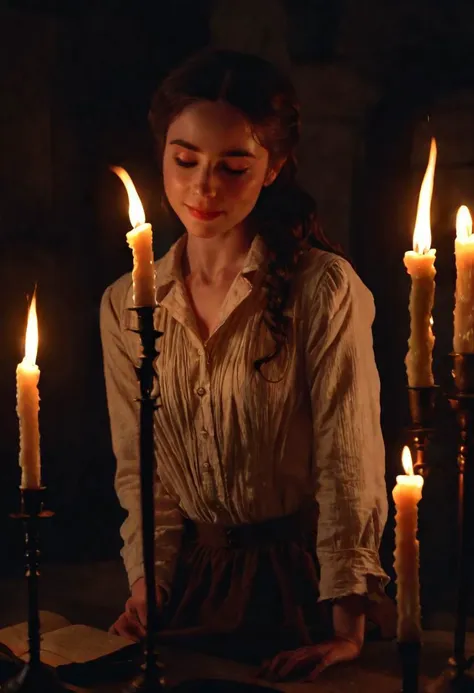 a woman in a dress standing next to a table with candles