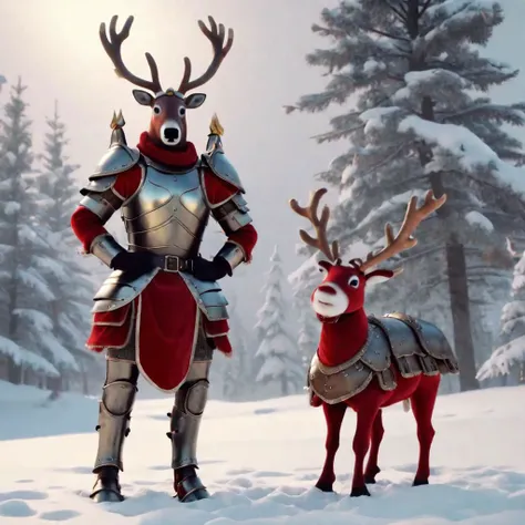 A reindeer with a kinghts armor, standing on its 2 feet, his armor is christmas themed and red colored./ 4k/ ultraHD