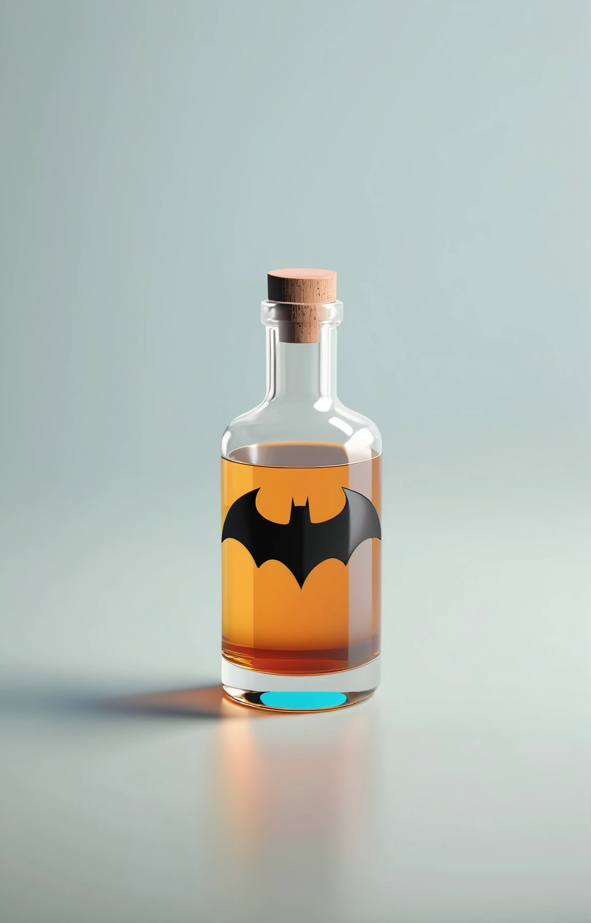 3d isometric, blender render, soft colorful-hued colors, tiny batman whisky bottle nybrid in a small bar, Two tone lighting, simple background