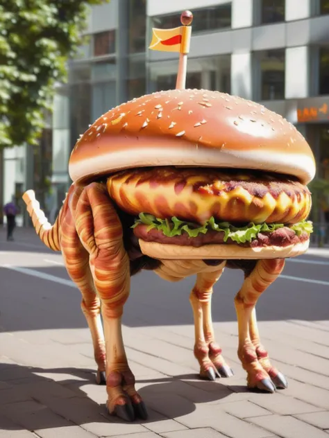 araffe with legs and legs that are holding a hamburger