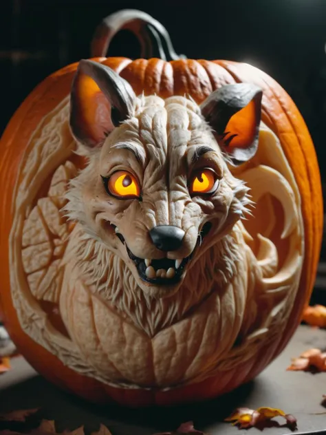 a close up of a carved pumpkin with a wolf face