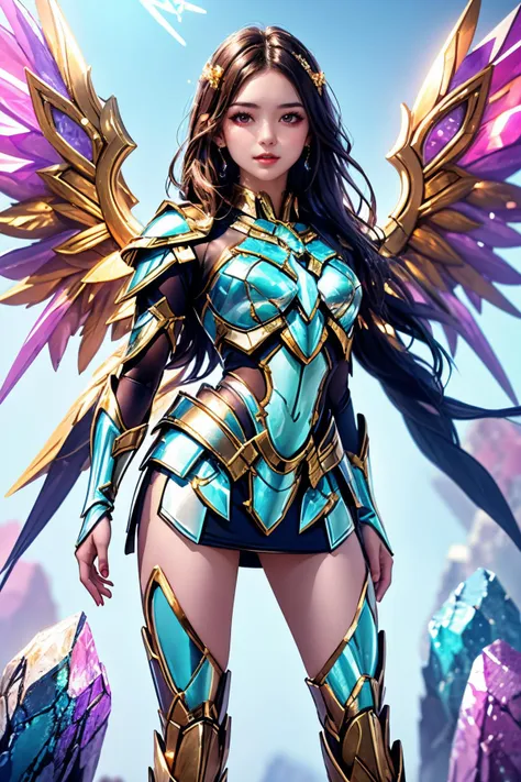 a woman in a blue and gold outfit with wings