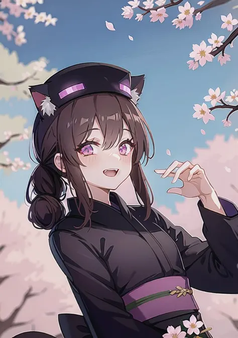 AndrMC, highly detailed, purple eyes, high quality, 1girl, kimono, ender_hat, topless, solo, from the front, cat ears, outdoors, cherry blossoms, forest <lora:AndrMC_v1.0:0.7>