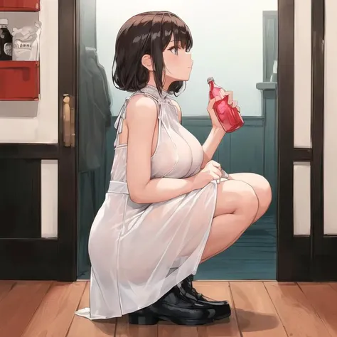 1girl, detailed face, ultra high res, 8k, 3/4_shot, cowboy_shot, perfect body, perfect breasts, <lora:add_detail:0.45>, , cinematic lighting, film grain,
(squatting, in a candy shop, a girl is looking at bottles of candy:1.2), bare arms, [ : (huge breasts...