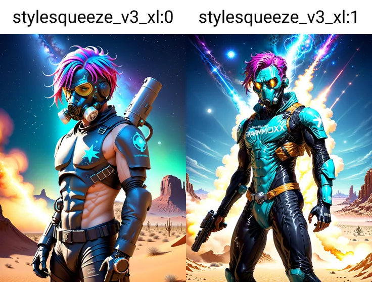 ((large title text)),(scifi book cover, art <lora:stylesqueeze_v3_xl:0>), cowboy shot, a [cyborg terminator cybernetic polyalloy armor skin|shirtless] man, wearing a gas mask, in a desert, colorful hair, perfect face, (side view), [nice thighs::0.2], night...