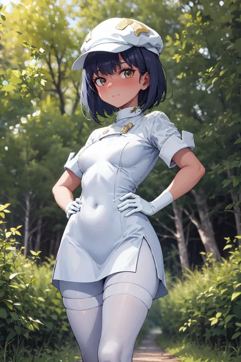 <lora:AetherLora:0.7> aether foundation employee, white pantyhose, short sleeves, slit, white hat, white gloves, from below, hand on own hip, forest, embarrassed, looking at viewer, masterpiece, best quality, highres, <lora:GoodHands-vanilla:1> nice hands,...