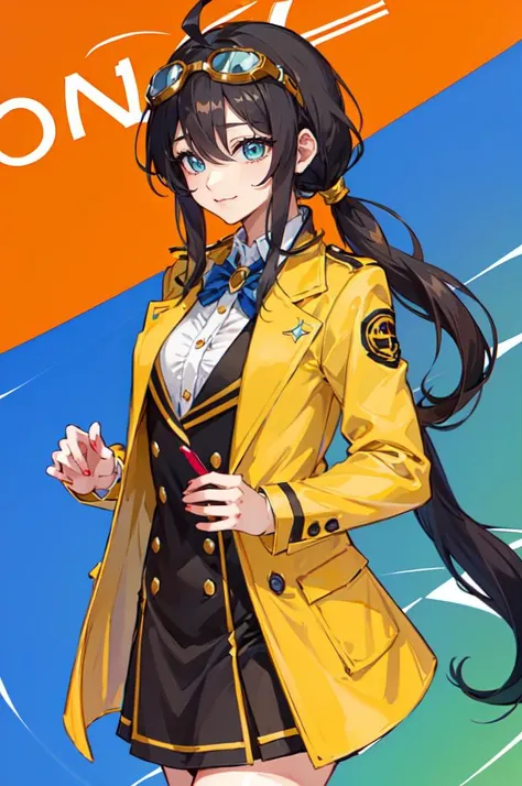 <lora:edgChicJackets:0.8> edgCJ, wearing edgCJ, chic jacket, cowboy shot, cafe, blue theme,, ultra detailed, masterpiece, best quality, aesthetic, detailed,, solo, smile, 1girl, aqua eyes, black hair, <lora:low_ponytail-1.0:1> low ponytail, ahoge, absurdly...