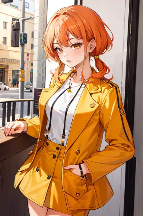 <lora:edgChicJackets:0.8> edgCJ, wearing edgCJ, chic jacket, cowboy shot, cafe,, ultra detailed, masterpiece, best quality, aesthetic, detailed,, solo, 1girl, red hair, orange eyes, amber eyes, swept bangs, parted bangs, <lora:LowTwintailsHelper:1> low twi...