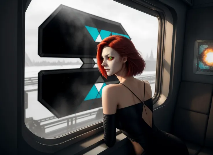 three cornered window, back of head shot of (woman looking out of triangle window:1.1), 3rd person, Looking out the triangular window of a (train:1.1) with triangular windows, triangular windows and triangular, wheels,  in a fantasy world, 
psychedelic, ge...