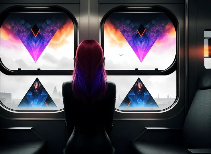 three cornered window, back of head shot of (woman looking out of triangle window:1.1), 3rd person, Looking out the triangular window of a (train:1.1) with triangular windows, triangular windows and triangular, wheels,  in a fantasy world, 
psychedelic, ge...