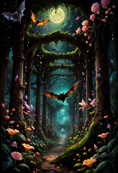 a painting of a forest with a path and a bat flying in the air