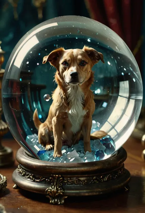 there is a dog sitting inside of a glass ball on a table