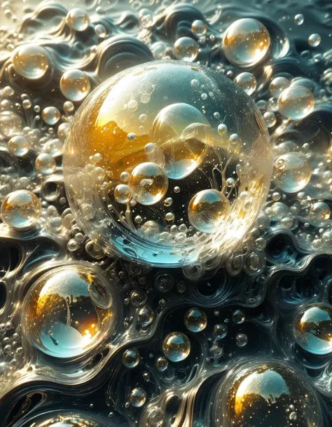 (Bubbly Surface Textures), Golden light, Enigmatic character, Nature blend, Vivid display, Magical realism, Golden belt