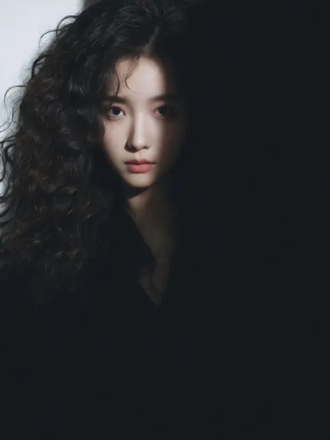 a close up of a woman with long hair and a black shirt