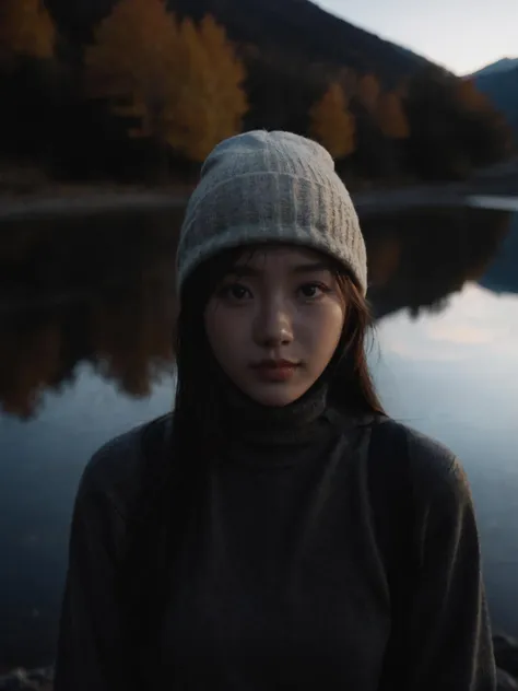 arafed woman standing by a lake in a hat and sweater