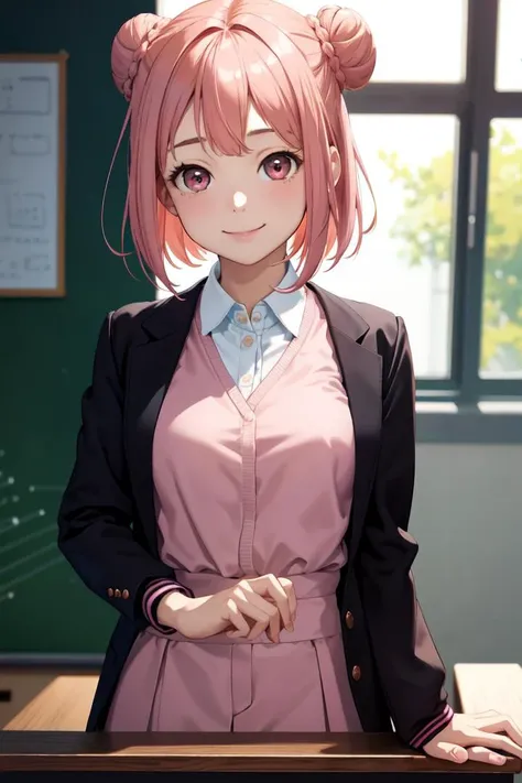 best quality, masterpiece, portrait, close up, upper body,
1girl, yuigahama yui, pink hair, brown eyes, short hair, single hair bun, medium breasts, school uniform, black jacket,
indoors, classroom,
looking at viewer, smile
<lora:Kizuki - OreGairu - Yuigah...