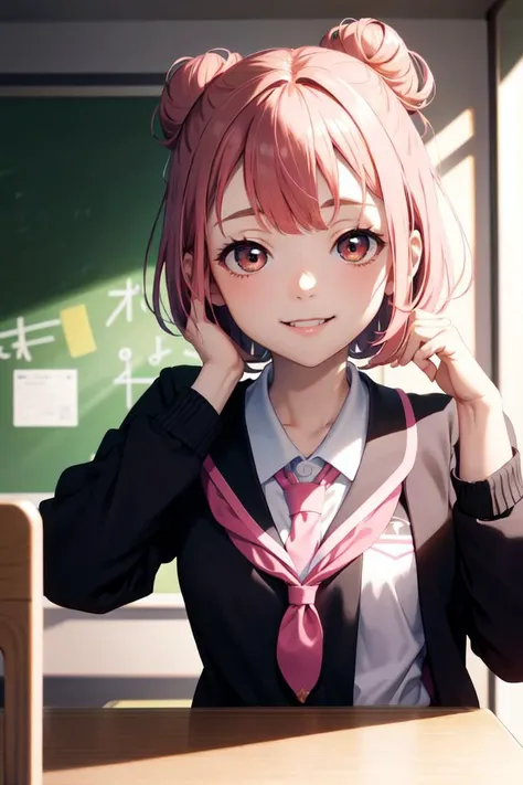 best quality, masterpiece, portrait, close up, upper body,
1girl, yuigahama yui, pink hair, brown eyes, short hair, single hair bun, medium breasts, school uniform, black jacket,
indoors, classroom,
looking at viewer, smile
<lora:Kizuki - OreGairu - Yuigah...