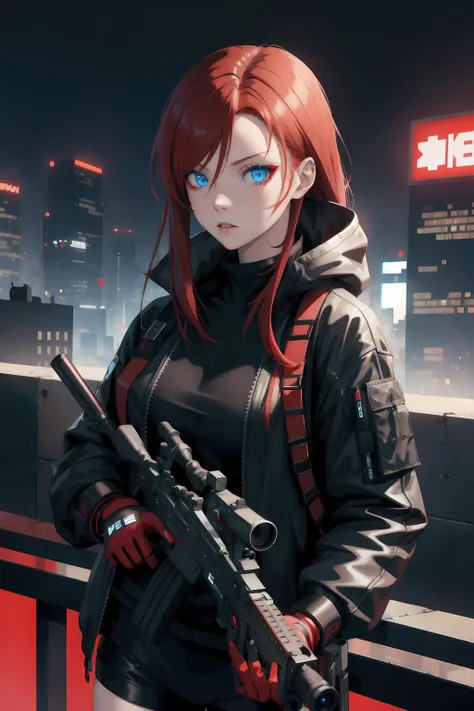 masterpiece, best quality, red hair, blue eyes, 1girl, solo, cyberpunk, rooftop, sniper rifle, neon, techwear, makeup