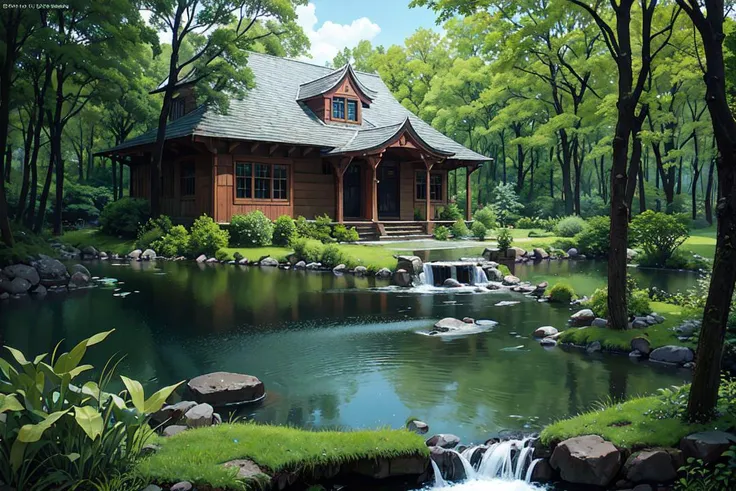 cinematic photo A witchs house stands by a stream in the forest and a green witch tends the plants and trees in the garden. She has a beautiful face and shining eyes of vivid colors. She wears elaborate and delicate ornaments. The house stands in a lush gr...