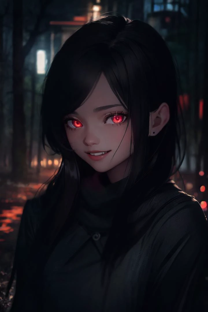 grainy,(masterpiece:1.3), best quality, absurdres, (extremely detailed:1.1), evening,natural light,<lora:LowRA:1>, (dark theme:1.0),
BREAK
(girl, detailed skin, detailed hair,grinning, red glowing eyes,:1.2)
BREAK
forest background,