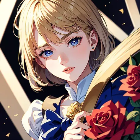 (masterpiece), sailor uranus, blonde hair, blue eyes, (parted bangs:1.5), short hair, very short hair, holding rose <lora:sailoruranus-lora-nochekaiser:1>