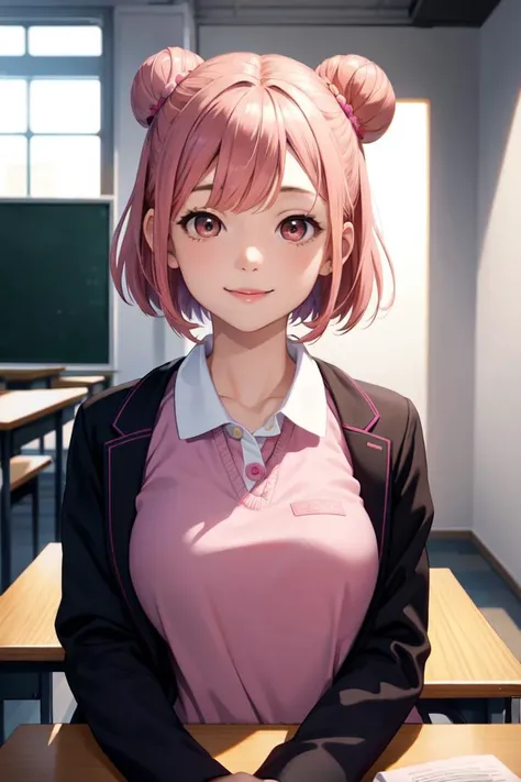 best quality, masterpiece, portrait, close up, upper body,
1girl, yuigahama yui, pink hair, brown eyes, short hair, single hair bun, medium breasts, school uniform, black jacket,
indoors, classroom,
looking at viewer, smile
<lora:Kizuki - OreGairu - Yuigah...