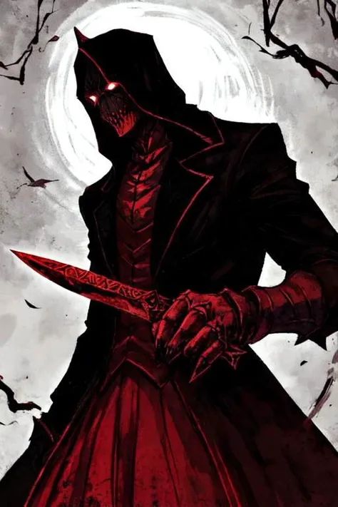 A dark red horror assassin stands in the shadows, their hand gripping a wickedly curved dagger. The blade glints in the moonlight, promising a swift and deadly end to their target.