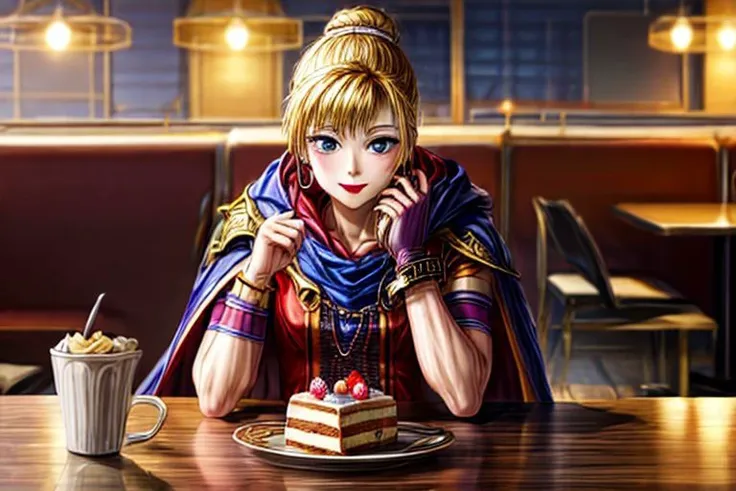 anime girl sitting at a table with a piece of cake