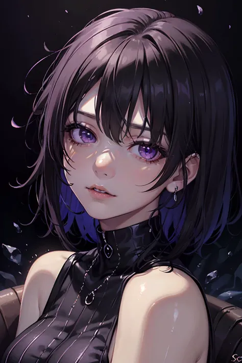 anime girl with purple eyes and black hair in a black dress