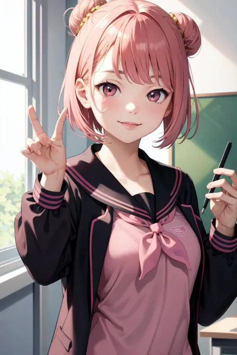 best quality, masterpiece, portrait, close up, upper body,
1girl, yuigahama yui, pink hair, brown eyes, short hair, single hair bun, medium breasts, school uniform, black jacket,
indoors, classroom,
looking at viewer, smile
<lora:Kizuki - OreGairu - Yuigah...