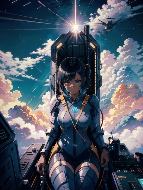 a woman in a futuristic suit sitting on a sci - fiction spaceship