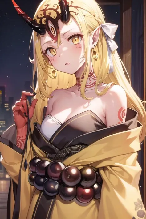 ibarakidouji, <lyco:ibarakidouji-lyco-nochekaiser:1>,
ibaraki douji, blonde hair, facial mark, fang, forehead, horns, long hair, oni, oni horns, pointy ears, (yellow eyes:1.5), (flat chest:1.2),
BREAK earrings, japanese clothes, jewelry, kimono, leg tattoo...