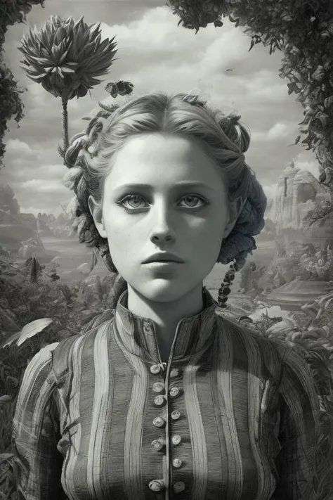Botanical Drawing , 3D Ray Tracing upper body portrait of  empty colorful  Teresa Palmer ,  burly   with Straw hair  in A place off planet earth in a galaxy far far away The Tower of Destiny , multicolored stripes Plaid patchwork clothing by Carel Willink ...