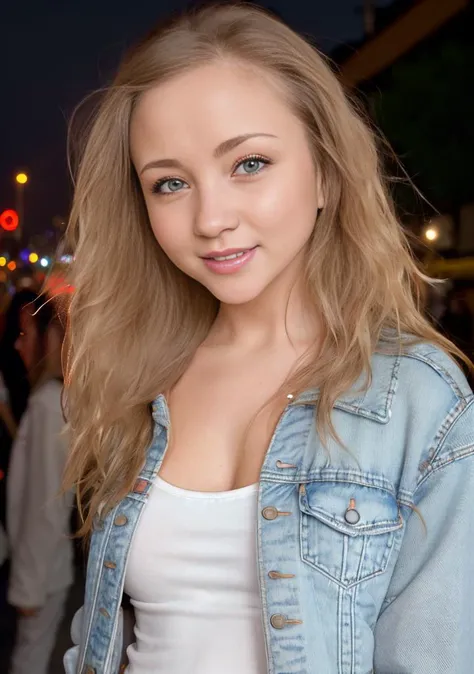 woman looking into the camera, at night, dark, wide angle, crowded street, blurry background, full body, slight smile,  white sh...