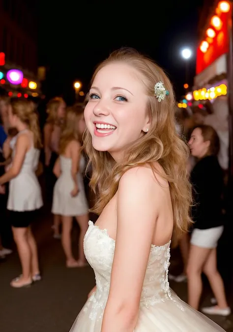 woman looking into the camera, at night, dark, wide angle, crowded street, blurry background, full body, laughing,  bride dress,...