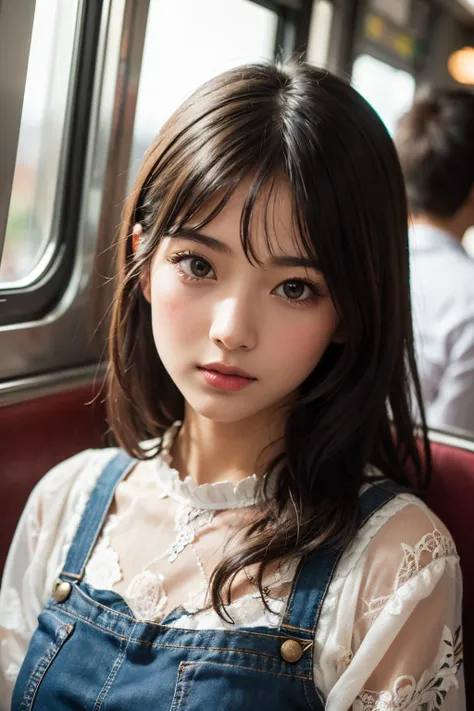 a close up of a woman sitting on a train looking at the camera