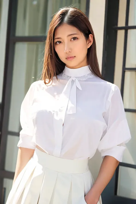 a close up of a woman in a white shirt and skirt