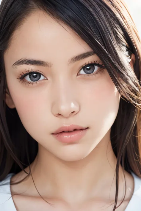 a close up of a woman with long hair and a white shirt