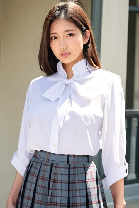 a close up of a woman wearing a white shirt and a plaid skirt