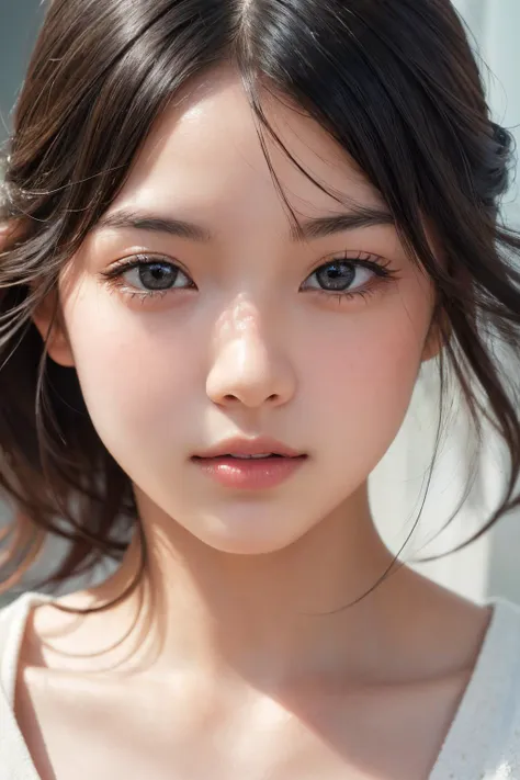 a close up of a woman with long hair and a white shirt