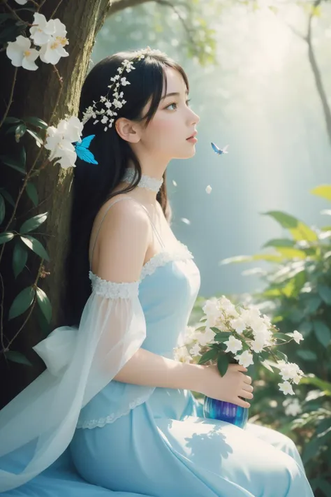 a woman in a blue dress sitting on a tree with flowers