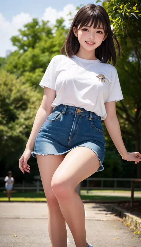 araffe asian woman in a white shirt and blue shorts riding a skateboard