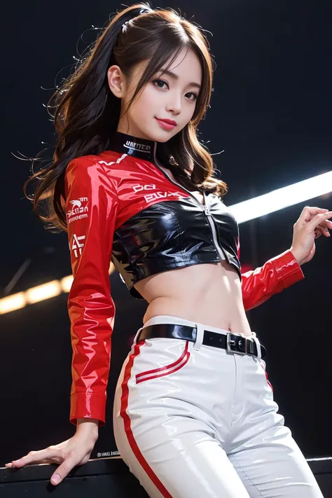 a close up of a woman in a red and black top and white pants