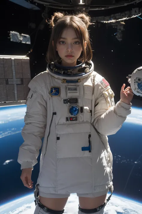 arafed woman in a space suit holding a clock in front of a planet