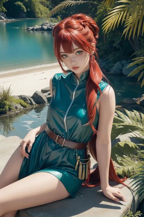 a woman with red hair sitting on a ledge near a body of water