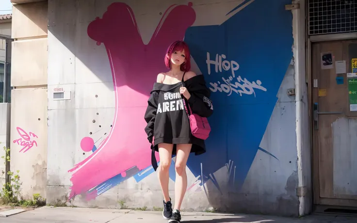 araffe girl standing in front of a graffiti covered wall